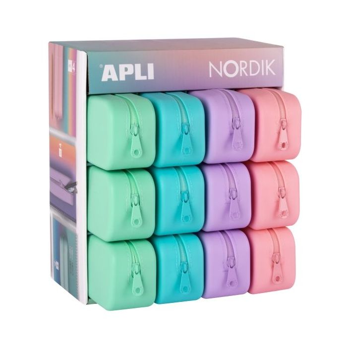Apli Nordik Expositor de 12 Estuches de Silicona Rectangulares - Resistentes al Agua - Medidas 75x185x55mm - Colores Surtidos