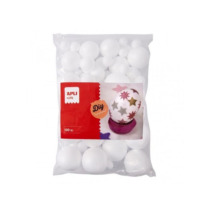 Apli Pack de 100 Bolas de Poliestireno de Tamaños Surtidos - Alta Densidad - Faciles de Cortar y Pintar - Perfectas para Manuali