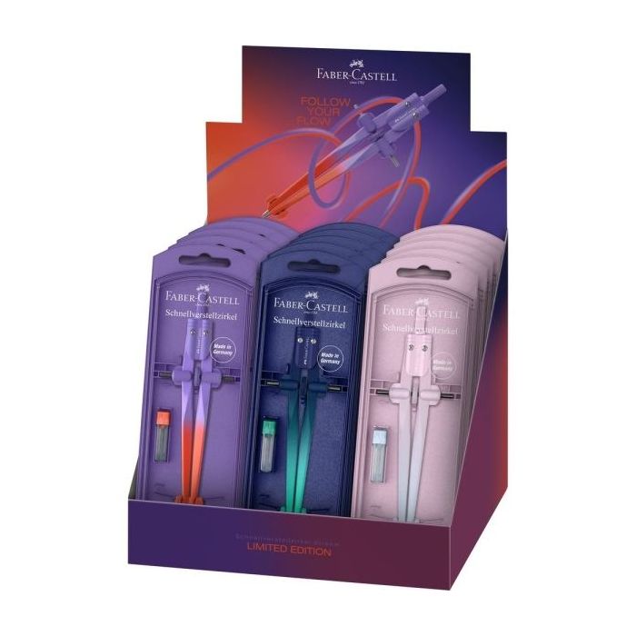 Faber-Castell Stream 2026 Flow Edition Expositor con 15 Compases Escolares de Ajuste Rapido - Circunferencias de hasta Ø 340mm -