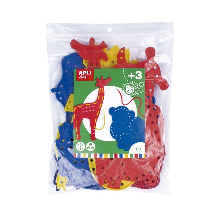 Apli Juego de Cosedores Animales - Formato Maxi - 6 Animales de Plastico con Agujeros - 18 Cuerdas de Colores - Desarrolla Psico