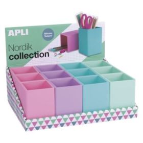 Apli Nordik Expositor de 12 Portalapices Silicona Cuadrados - Medidas 70x70x95mm - Colores Surtidos