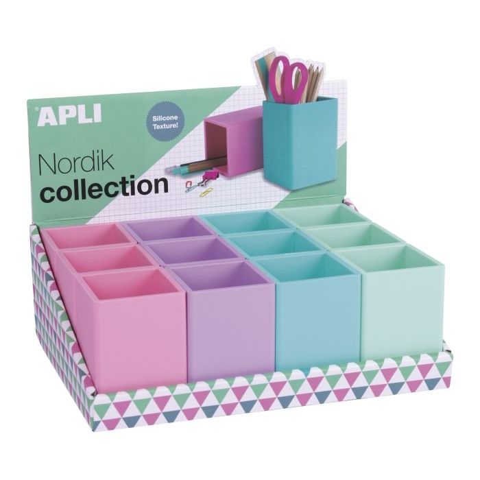 Apli Nordik Expositor de 12 Portalapices Silicona Cuadrados - Medidas 70x70x95mm - Colores Surtidos