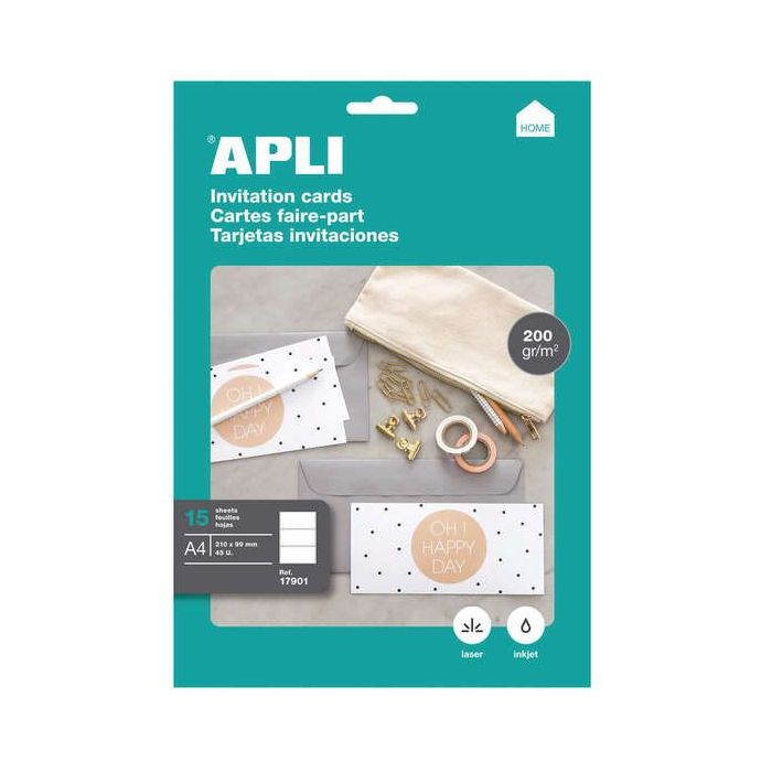 Apli Tarjetas de Invitacion Hogar 210 x 99mm 200 Gr 15 Hojas