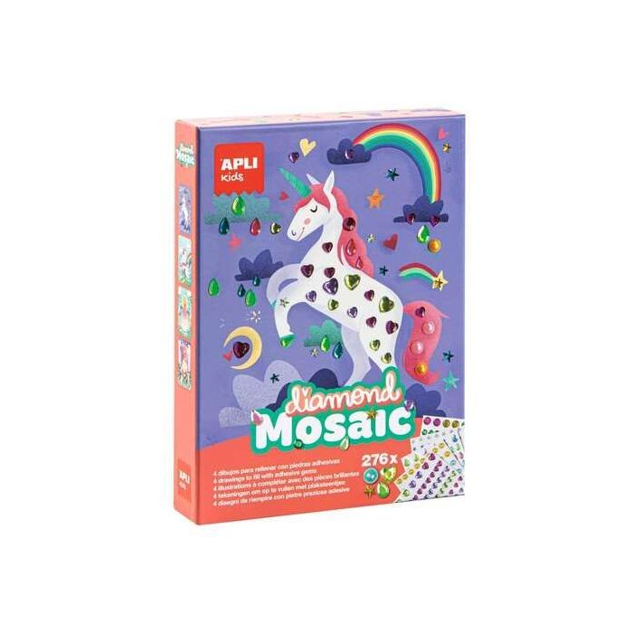 Apli Mosaico Diamante - Completa los Dibujos con Diamantes - 4 Laminas Ilustradas - 276 Diamantes de Diferentes Colores
