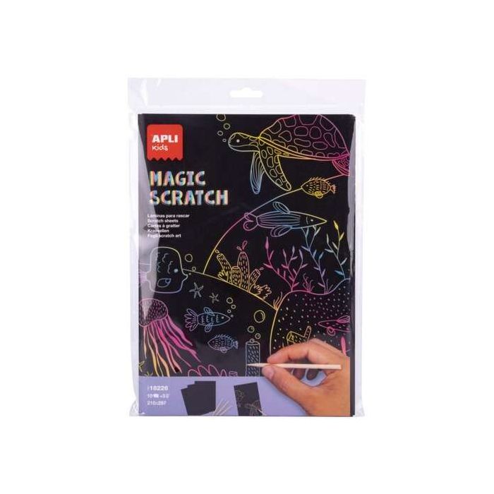 Apli Magic Scratch Laminas para Rascar - Tamaño A4 - 10 Hojas, 5 Herramientas - Distintos Colores de Fondo