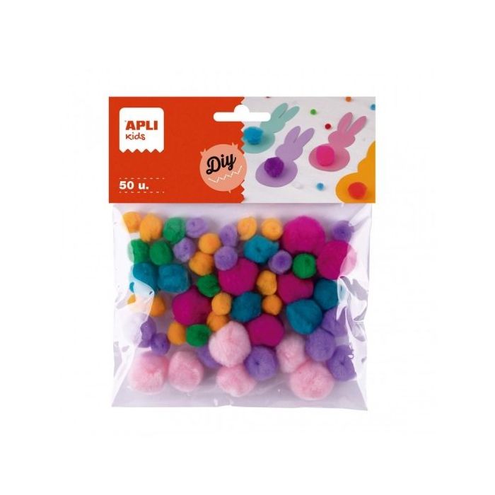 Apli Pack de 50 Pompones de Tacto Suave - Ideal para Manualidades Infantiles - Estimula la Creatividad - Colores Surtidos