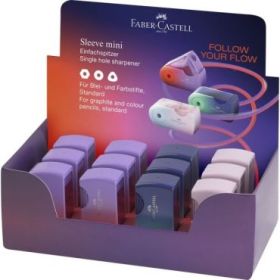 Faber-Castell Sleeve Mini Flow Edition Expositor con 12 Sacapuntas de 1 Orificio - Para Tamaño Estandar - Diseño Atractivo con D