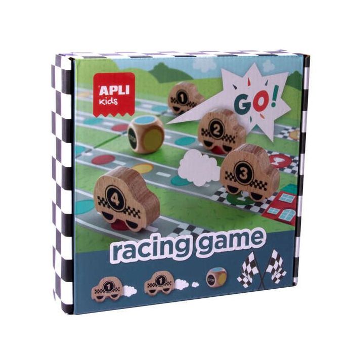 Apli Racing Game Juego de Mesa - Tablero Despegable - 4 Piezas de Madera con Forma de Coche - Dado de Colores - Enseña a Respeta
