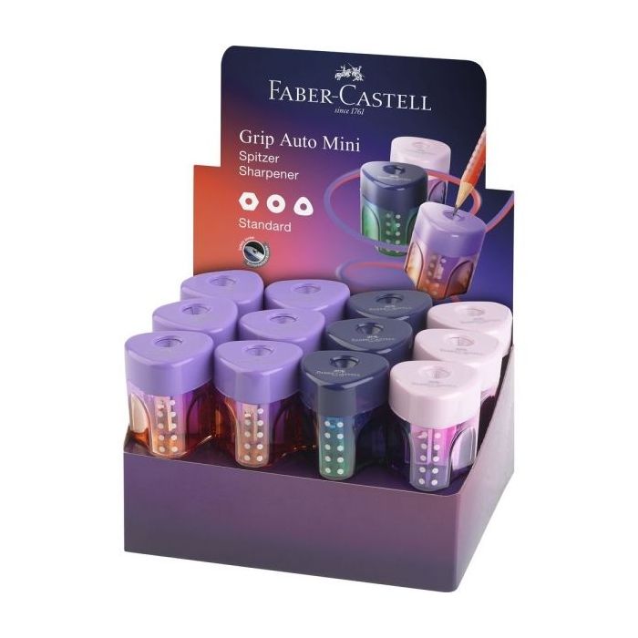 Faber-Castell Grip Mini Flow Edition Expositor con 24 Sacapuntas de 1 Orificio - Para Tamaño Estandar - Diseño Atractivo con Deg