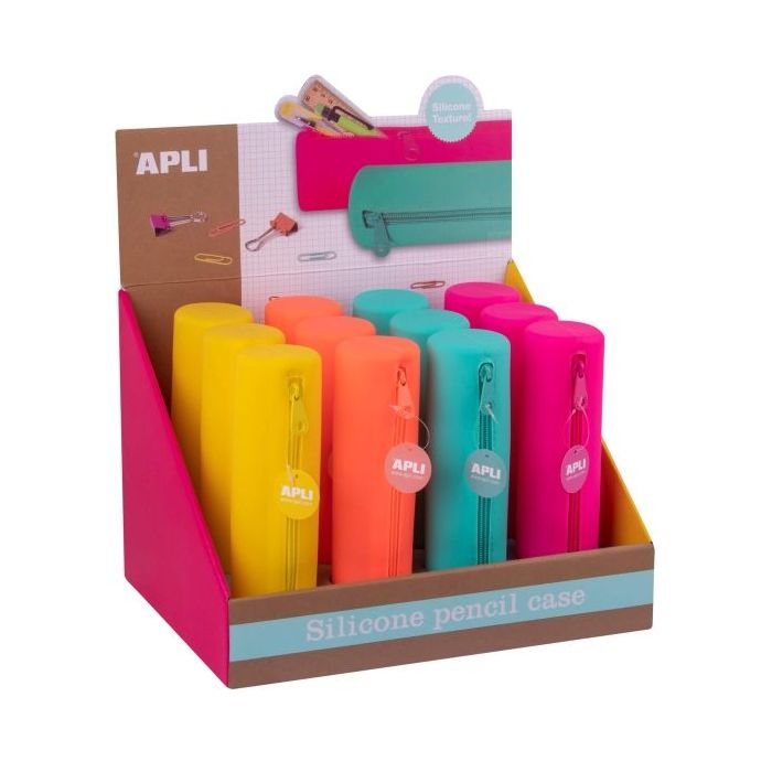 Apli Fluor Expositor de 12 Estuches de Silicona Redondos - Resistentes al Agua - Medidas 21,5xØ 5cm - Colores Surtidos