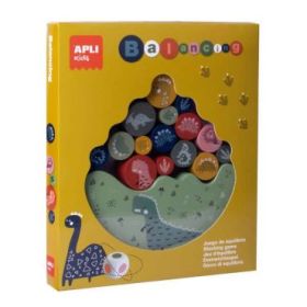 Apli Juego de Equilibrio Dinosaurios - 16 Piezas de Madera de Alta Calidad - Base Balanceante - Dado con Colores - 3 Tamaños de