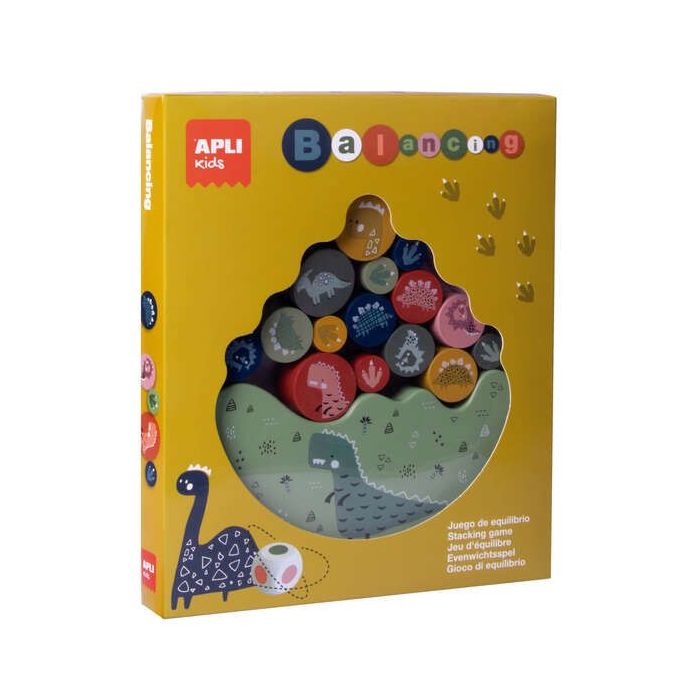 Apli Juego de Equilibrio Dinosaurios - 16 Piezas de Madera de Alta Calidad - Base Balanceante - Dado con Colores - 3 Tamaños de