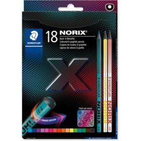 Staedtler Norix 186 Pack de 16 Lapices de Colores HB + 2 Lapices de Grafito - Madera Negra - Mina de Grafito - Diseño Inteligent