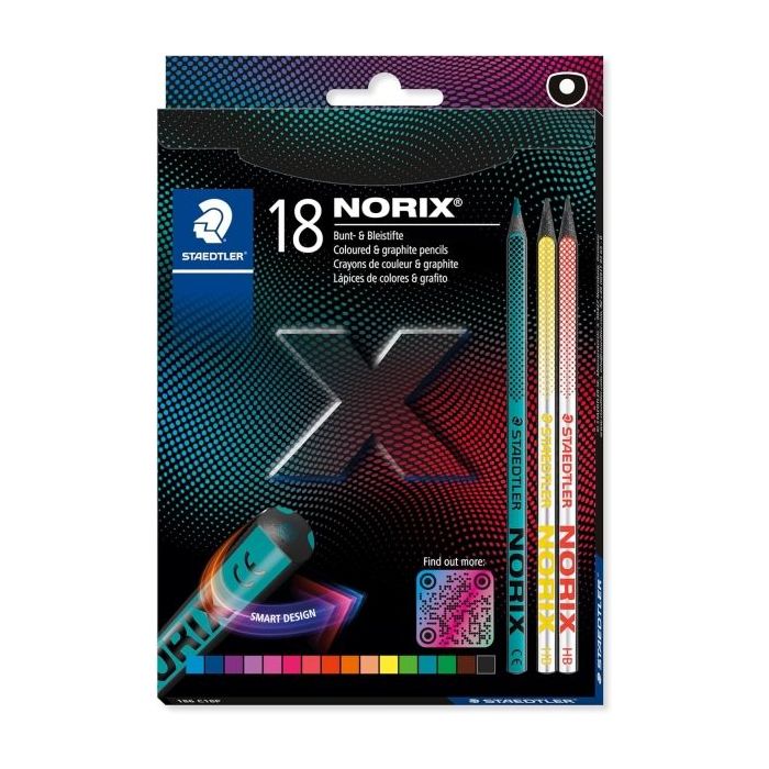 Staedtler Norix 186 Pack de 16 Lapices de Colores HB + 2 Lapices de Grafito - Madera Negra - Mina de Grafito - Diseño Inteligent