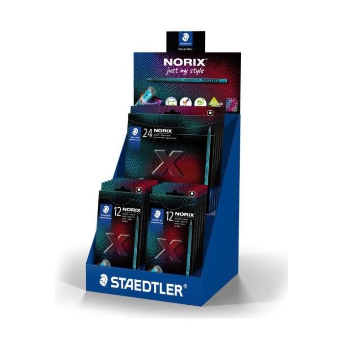 Staedtler Norix 186 Expositor con 20 Packs de 12 Lapices de Colores HB + 5 Packs de 24 Lapices de Colores HB - Madera Negra - Mi