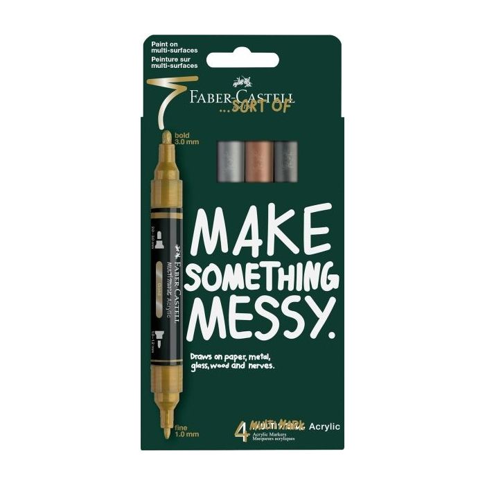 Faber-Castell Multimark Acrylic Mirror Pack con 4 Rotuladores Acrilicos Doble Punta Efecto Espejo - Puntas Redondas de 1mm y 3mm