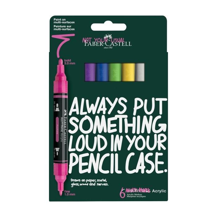Faber-Castell Multimark Acrylic Pack con 6 Rotuladores Acrilicos Doble Punta - Puntas Redondas de 1mm y 3mm - Tinta Acrilica a B