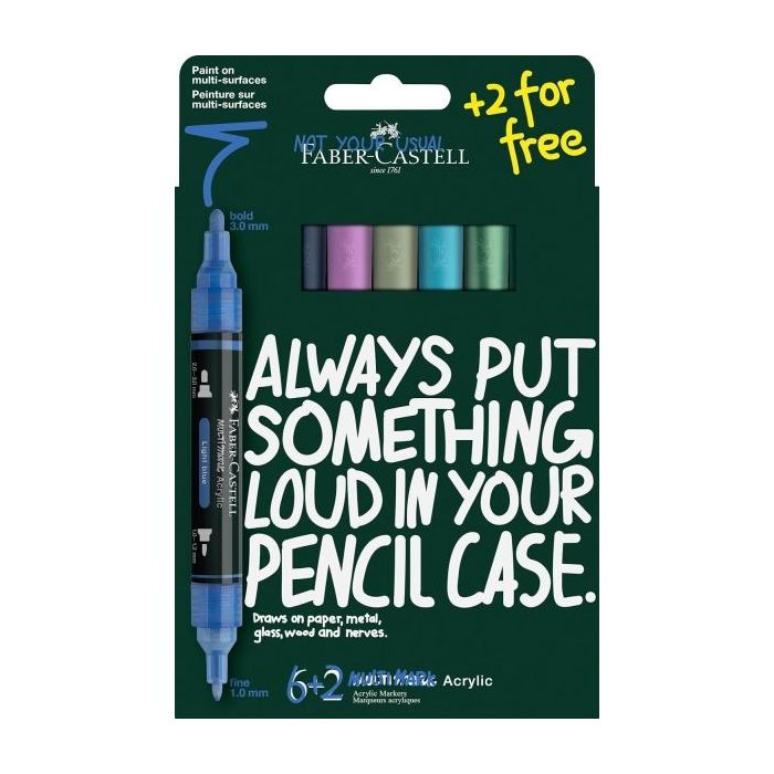 Faber-Castell Multimark Acrylic Tonos Frios Pack con 8 Rotuladores Acrilicos Doble Punta - Puntas Redondas de 1mm y 3mm - Tinta