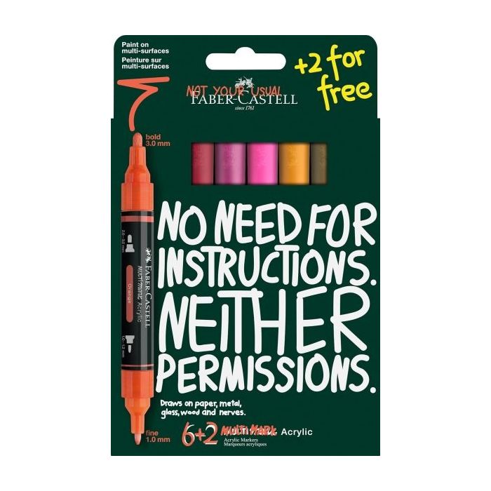 Faber-Castell Multimark Acrylic Tonos Calidos Pack con 8 Rotuladores Acrilicos Doble Punta - Puntas Redondas de 1mm y 3mm - Tint