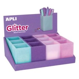 Apli Nordik Expositor de 12 Portalapices Silicona con Purpurina Cuadrados - Medidas 70x70x95mm - Colores Glitter Surtidos
