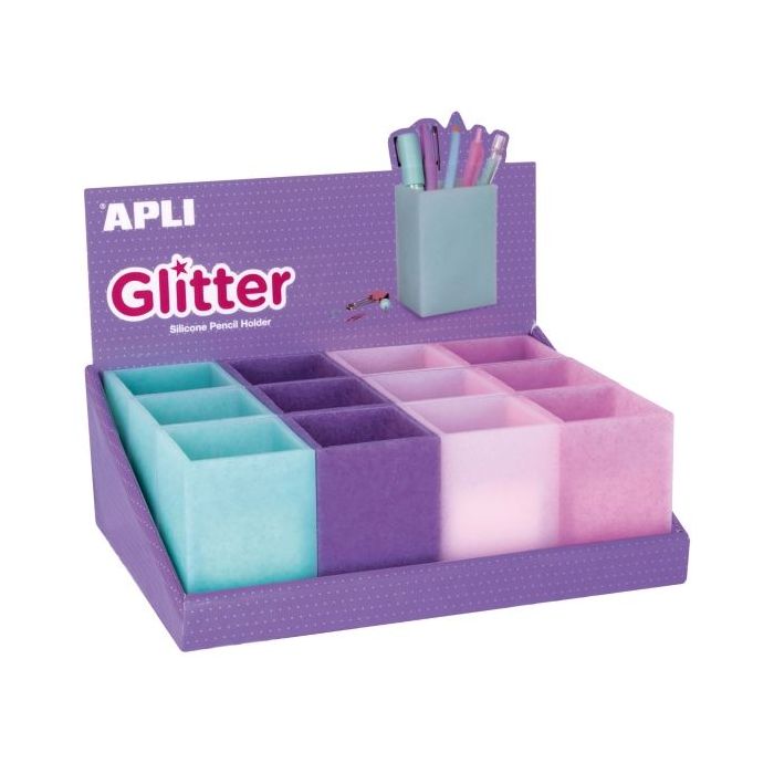 Apli Nordik Expositor de 12 Portalapices Silicona con Purpurina Cuadrados - Medidas 70x70x95mm - Colores Glitter Surtidos