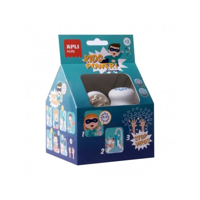 Apli Set de Sellos Stop Virus - Ergonomicos - Tinta Azul No Toxica - Fomenta Higiene Infantil