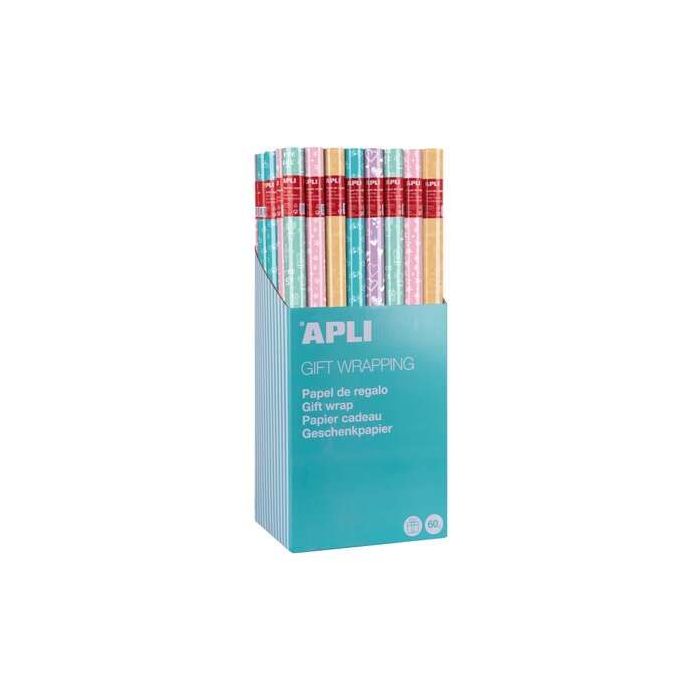 Apli Expositor de 55 Rollos de Papel Regalo Nordik Fun - 11 Rollos por Color - Medidas del Rollo 0.70x2m - 5 Diseños