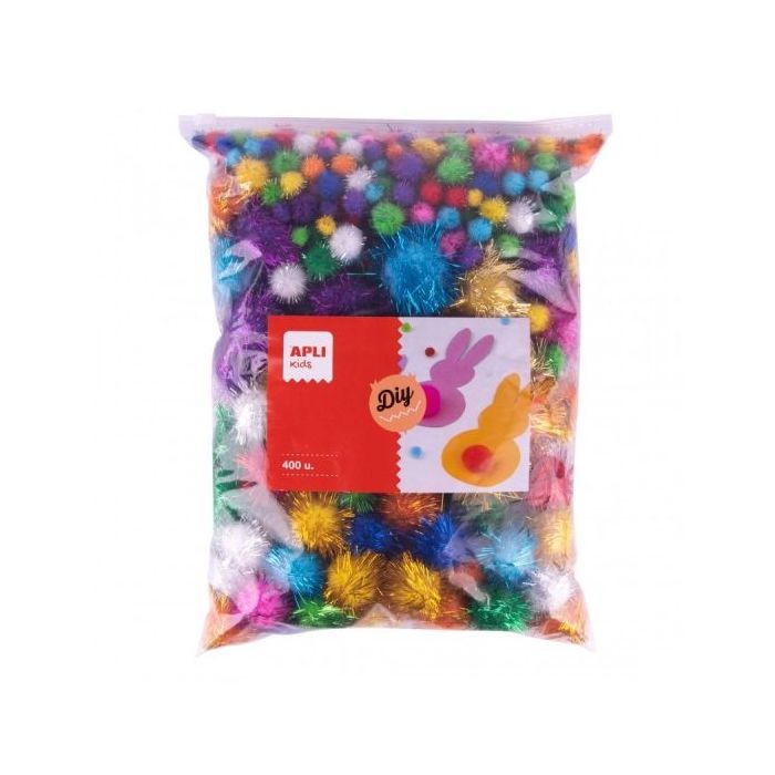 Apli Pack de 400 Pompones Brillantes - Formato Escolar - Cierre Zip Mejorado - Ideal para Manualidades y Decoraciones - Estimula
