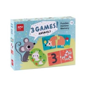 Apli Set de 3 Juegos Animales: 1 Puzzle de 24 Piezas, 1 Domino de 36 Piezas y 1 Memory de 24 Piezas - Recomendado para Niños a p