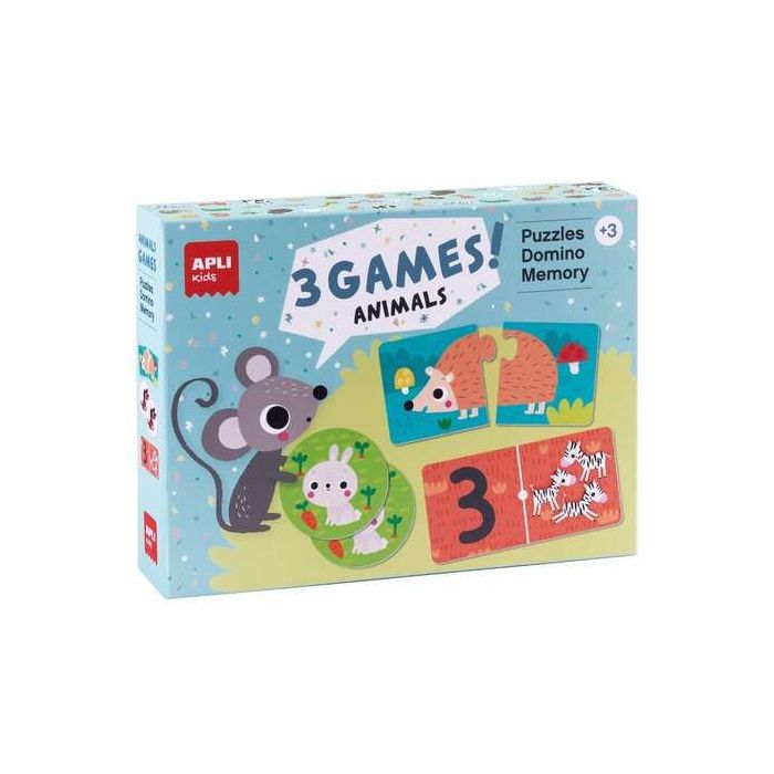 Apli Set de 3 Juegos Animales: 1 Puzzle de 24 Piezas, 1 Domino de 36 Piezas y 1 Memory de 24 Piezas - Recomendado para Niños a p