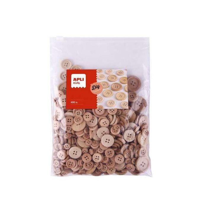 Apli Kids Bolsa de 400 Botones de Madera Natural - Tamaños 10mm, 15mm, 20mm, 25mm, 30mm