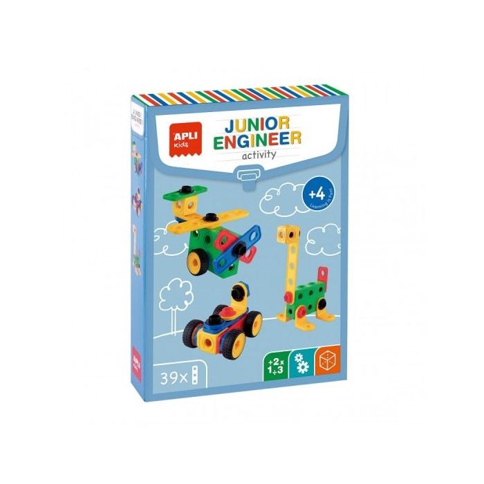 Apli Set Educativo de Construccion - 39 Piezas - Herramienta Incluida - Fichas de Ejemplos - Desarrolla Psicomotricidad Fina y C