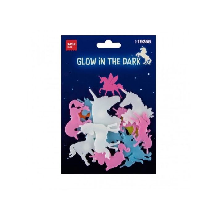 Apli Unicornios Luminiscentes 3D - Plastico Solido - Brillan en la Oscuridad - Adhesivo Permanente - Diseños y Tamaños Surtidos