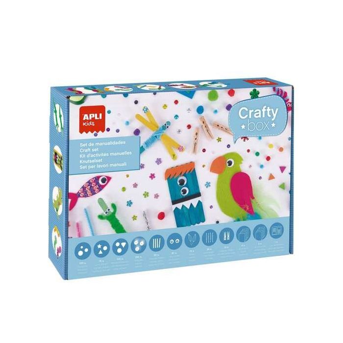 Apli Kids Pack de Manualidades con Pompones, Formas de Goma EVA, Piedras Fantasia Adhesivas, Lentejuelas, Palos de Madera, Ojos