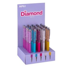 Apli Diamond Expositor con 25 Boligrafos Metalicos Retractiles - Mecanismo de Giro - Punta de 1mm - Tinta Color Azul - Colores S