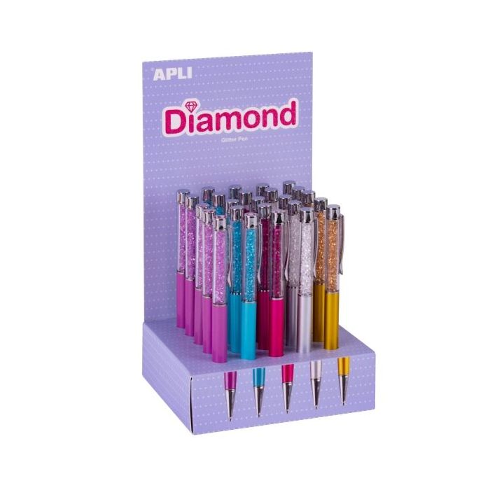 Apli Diamond Expositor con 25 Boligrafos Metalicos Retractiles - Mecanismo de Giro - Punta de 1mm - Tinta Color Azul - Colores S