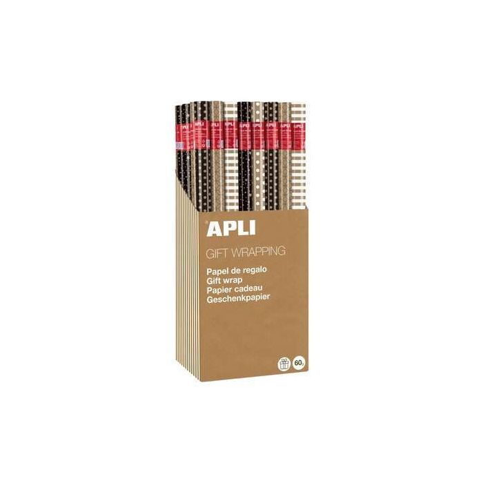 Apli Expositor de 55 Rollos de Papel Regalo Kraft Black - White - 11 Rollos por Color - Medidas del Rollo 0.70x2m - 5 Diseños