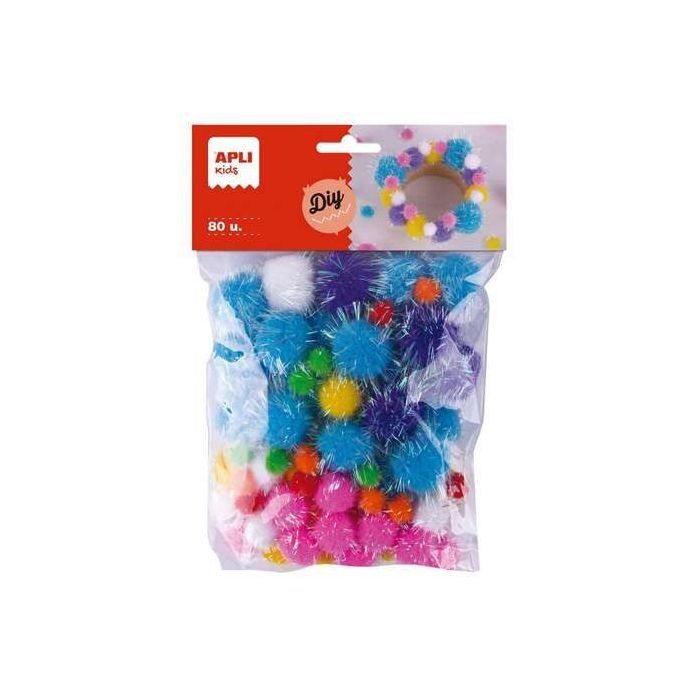Apli Kids Bolsa de 80 Pompones Glitter - Tamaños 10mm, 20mm, 25mm - Colores Surtidos