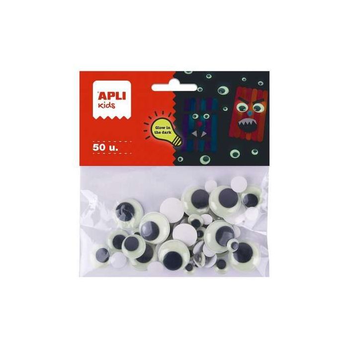 Apli Kids Bolsa de 50 Ojos Moviles Redondos Adhesivos - Brillan en la Oscuridad - Tamaños 8mm, 10mm, 15mm, 20mm