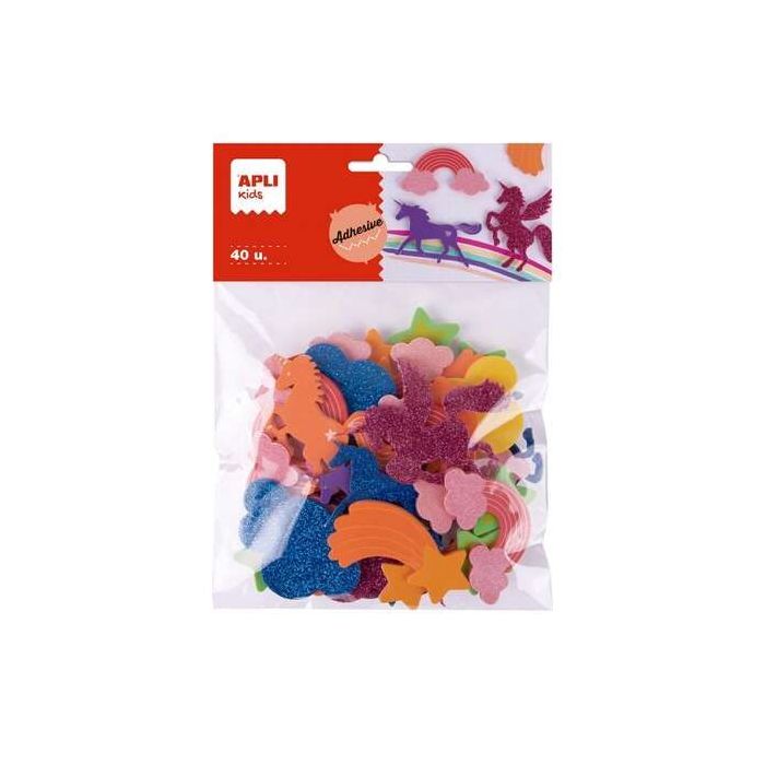 Apli Kids Bolsa de 40 Formas de Goma EVA Adhesivas - 8 Diseños Diferentes - Medidas de 3 a 6cm - Colores Surtidos