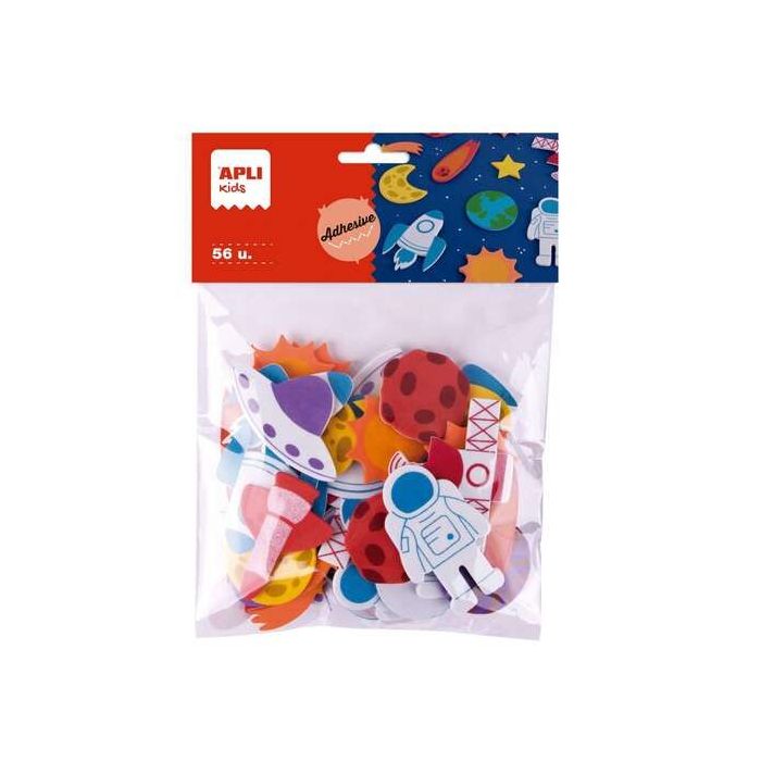 Apli Kids Bolsa de 56 Formas de Goma EVA Adhesivas Tematica Espacio - 14 Diseños Diferentes - Medidas de 3 a 6cm - Colores Surti