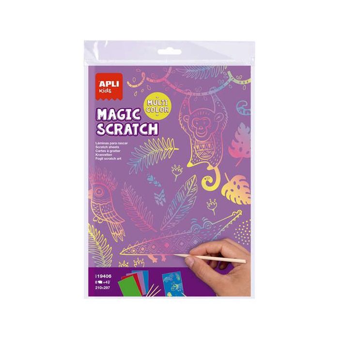 Apli Magic Scratch Colores Pack de 8 Laminas para Rascar - Medidas 210 x 297mm - Colores Surtidos