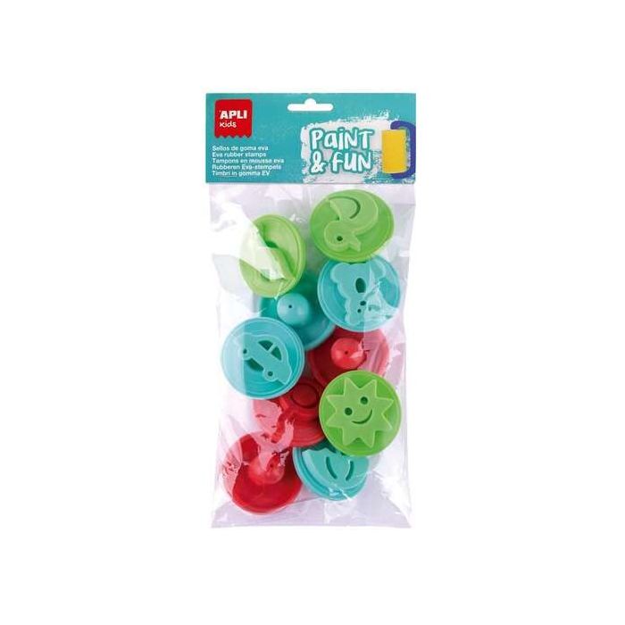Apli Kids Paint - Fun Pack de 10 Sellos de Goma EVA para Estampacion - Con Mango de Plastico - Formas y Colores Surtidos
