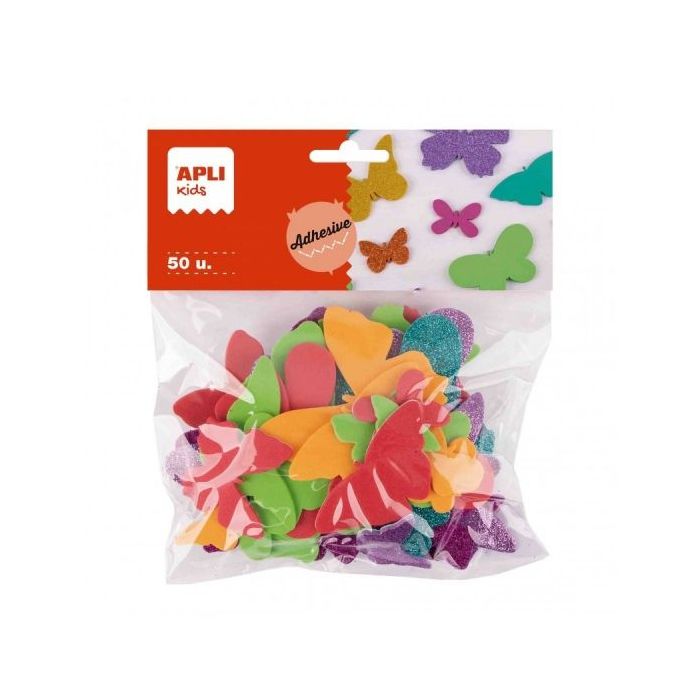 Apli Pack de 50 Mariposas de Goma EVA - Tamaños Surtidos - 6 Formas - con Purpurina - Ideal para Manualidades y Tarjetas - Color
