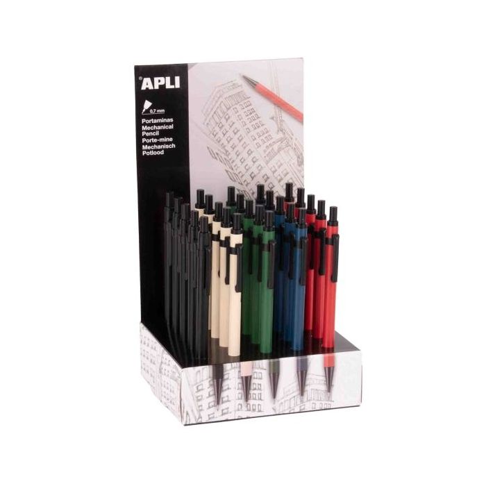 Apli Expositor con 25 Portaminas 0.7mm - Forma Hexagonal - Cuerpo de Metal - Colores Surtidos