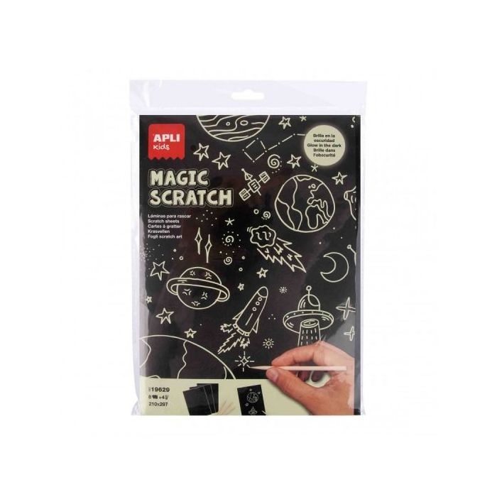 Apli Laminas Fosforescentes Magic Scratch Glow in the Dark - 8 hojas - 4 Palitos de Madera - Crea y Brilla en la Oscuridad - Uso