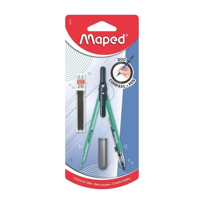 Maped Duo+Pen Pack de Compas Duo + Cajita de Minas - Compas que se puede Utilizar como Portaminas - Clip de Bolsillo - Colores S
