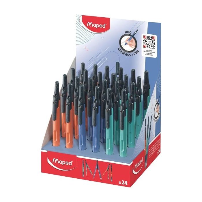 Maped Duo+Pen Expositor con 24 Compases Duo - Compas que se puede Utilizar como Portaminas - Clip de Bolsillo - Colores Surtidos