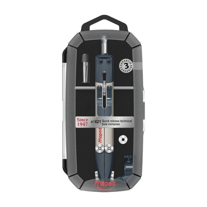 Maped Nº421 Since 1947 Compas Bigotera Tecnica Rapida - Diametro Maximo 34cm - Fabricado en Metal - Incluye Adaptador y Estuche
