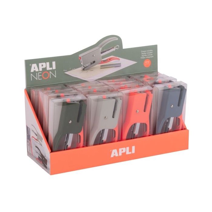 Apli Neon Expositor con 16 Grapadoras de Tenaza con 50 Grapas Nº10 cada Una - Capacidad de Grapado 12 Hojas - Diseño Ergonomico